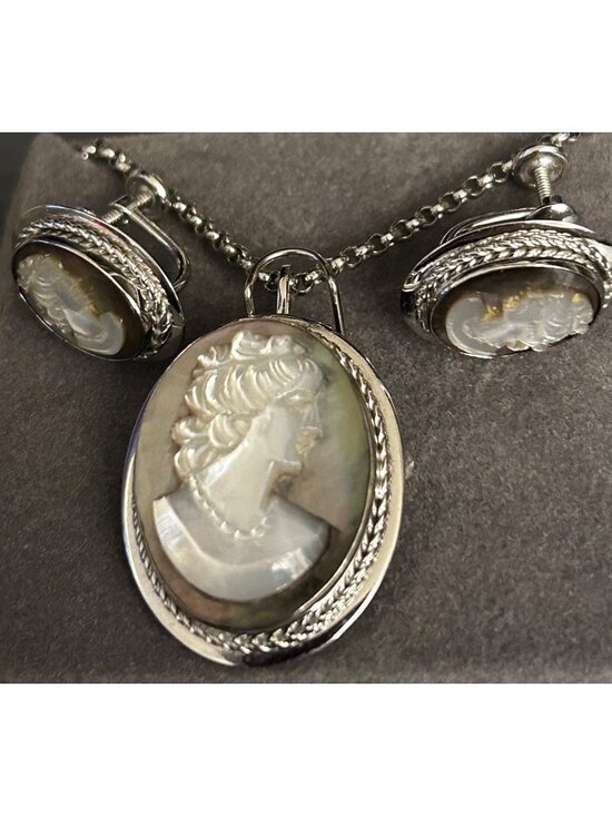 Van Dell Jewelry - Van Dell Sterling Silver Vintage Cameo Necklace Brooch Earrings Set Glass Relief